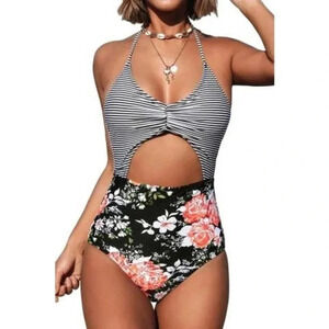 NWT CupShe size Medium Striped Cut‎ Out One Piece Swimsuit Halter Tie Floral New